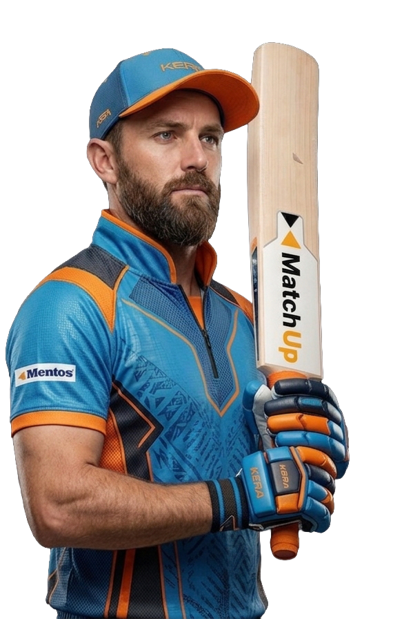 A cricketer holding a MatchUp-branded bat